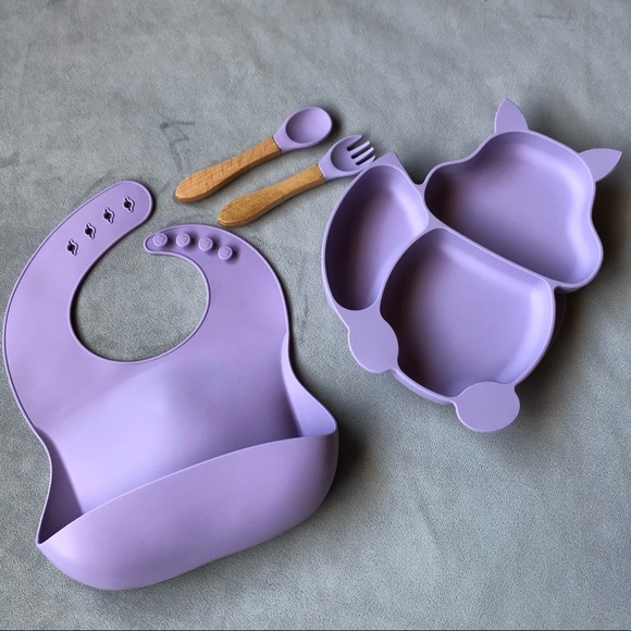 Fox Feeding Set ~ Bib, Dish, Fork & Spoon ~ Purple ~ Brand New! - Picture 12 of 12